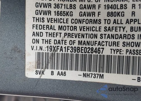 2011 Honda Civic Vp из США, поврежденный, VIN 19XFA1F39BE028467